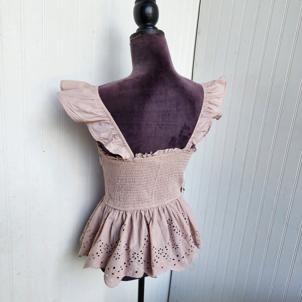 Japna Women's Beige Ruffled Smocked Stretch Eyelet Top Blouse Cotton Sz M - Picture 6 of 11
